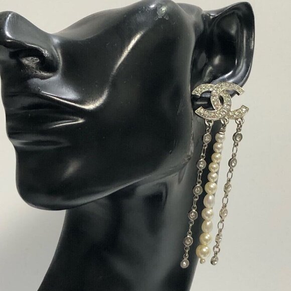 CHANEL CC Logos Rhinestone Pearl Drop Stud Earrings Silver Tone - Picture 1 of 9